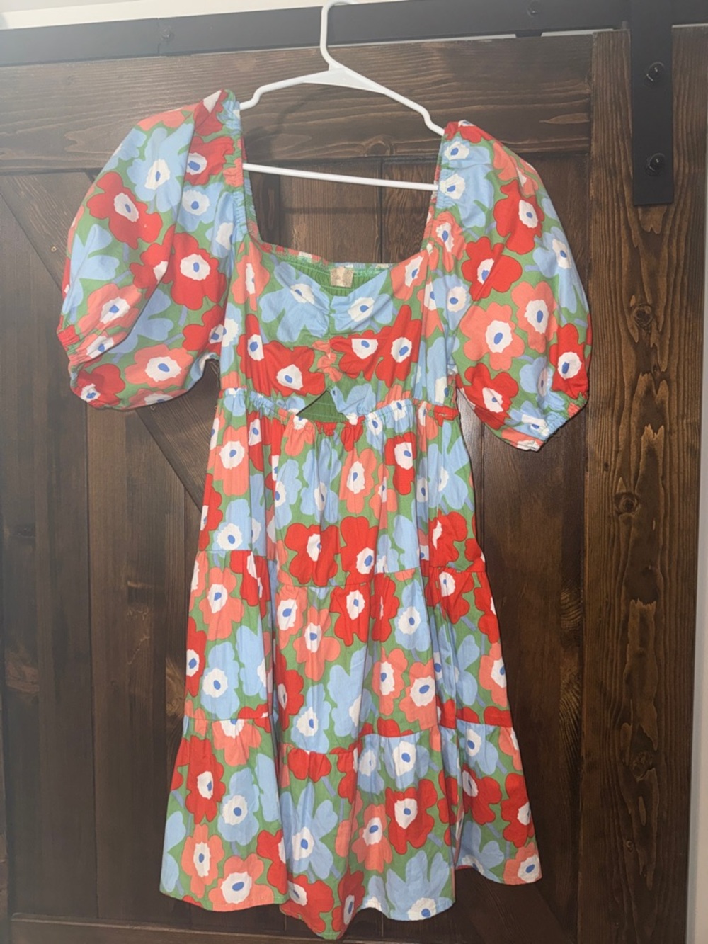Altar'd State Red & Light Blue Floral Puff-Sleeve Dress with keyhole detail